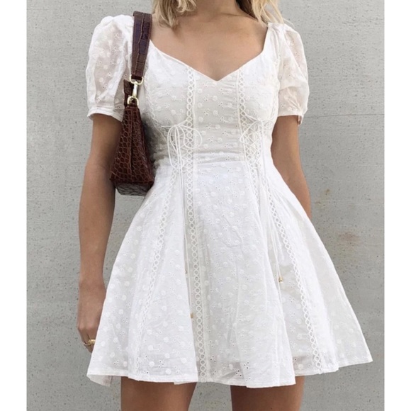 V Neck Crochet Eyelet LaceUp Boho Mini Dress White - Picture 9 of 11